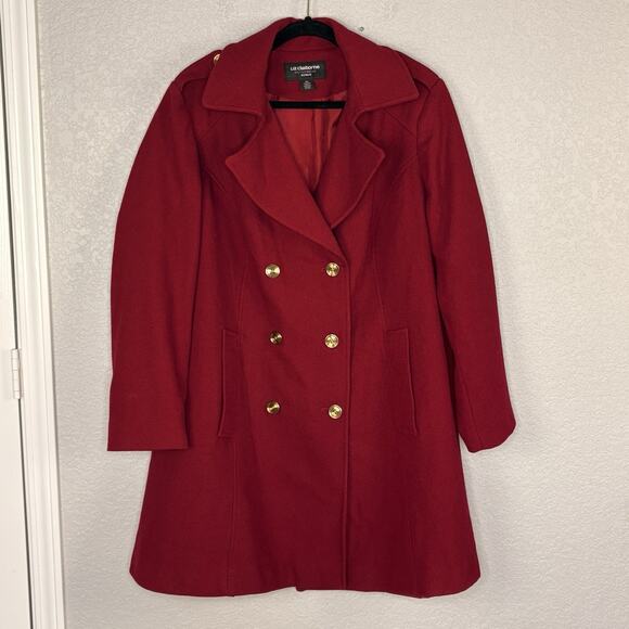 LIZ CLAIBORNE Women's Double Breasted Coat Wool Blend Twill Red Size 2X - Picture 2 of 6